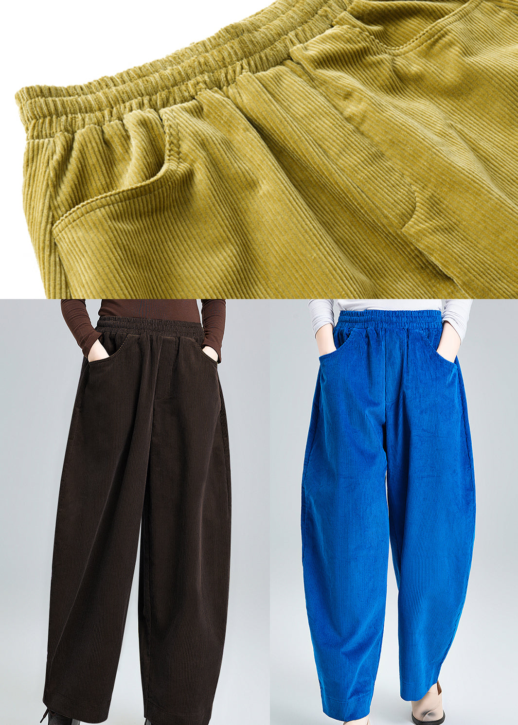 Elegant Blue Oversized Pockets Corduroy Harem Pants Spring
